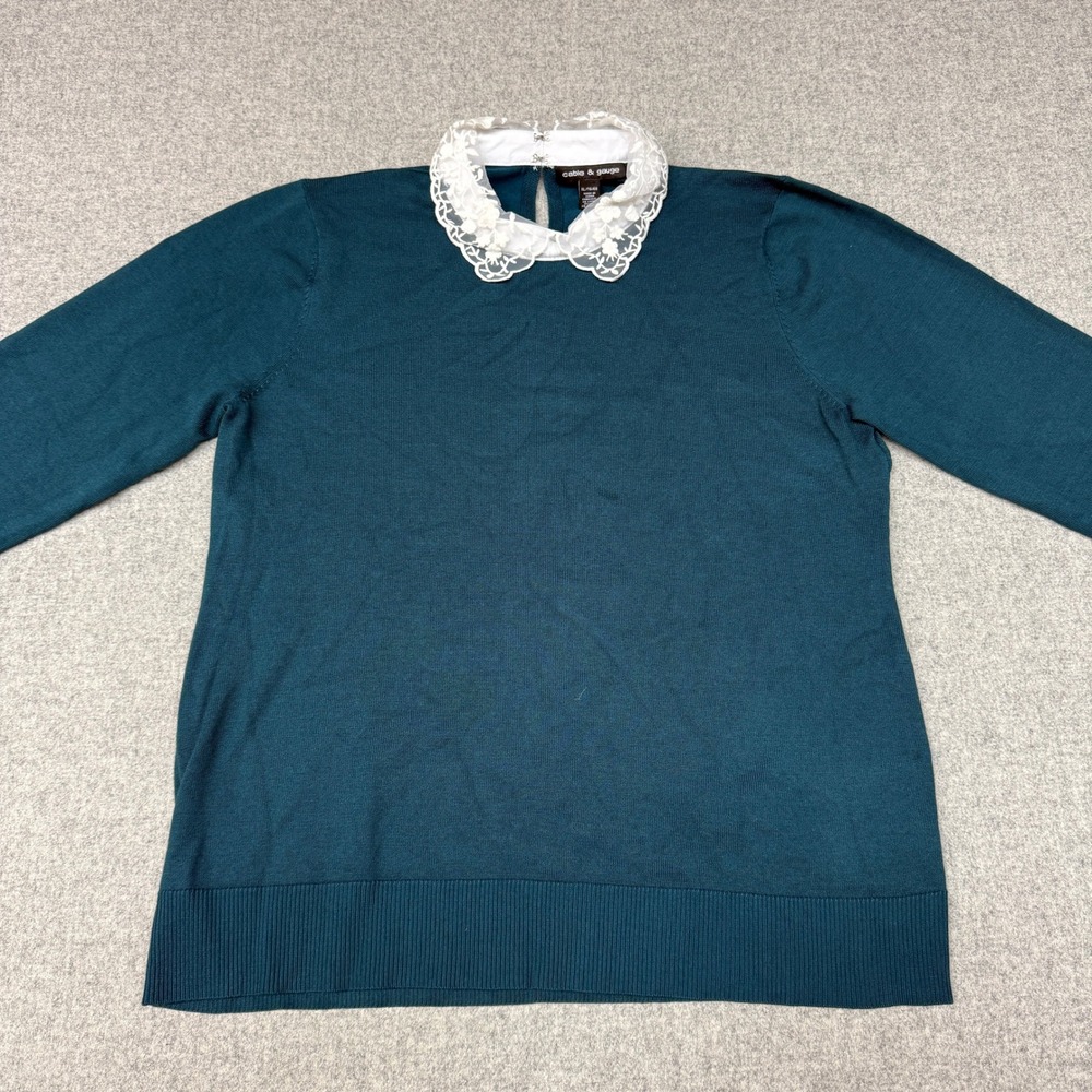 Cable & Gauge Sweater XL Teal Green Lace Peter Pan Collar Keyhole Back Knit Top - Picture 3 of 7